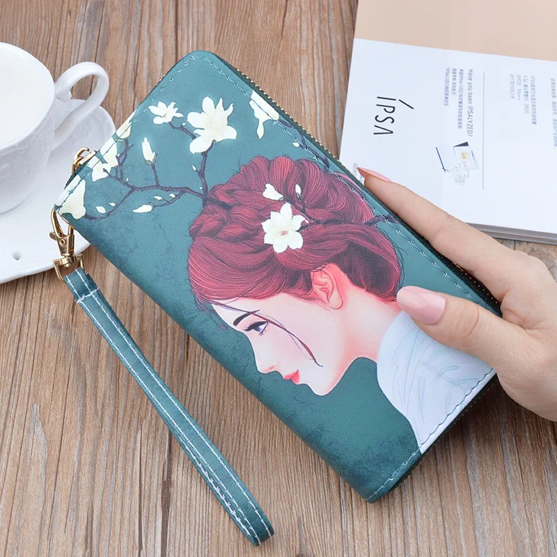 New Genuine Leather Women Long  ID Card Purse  Holder Painted Girl Print Wallet