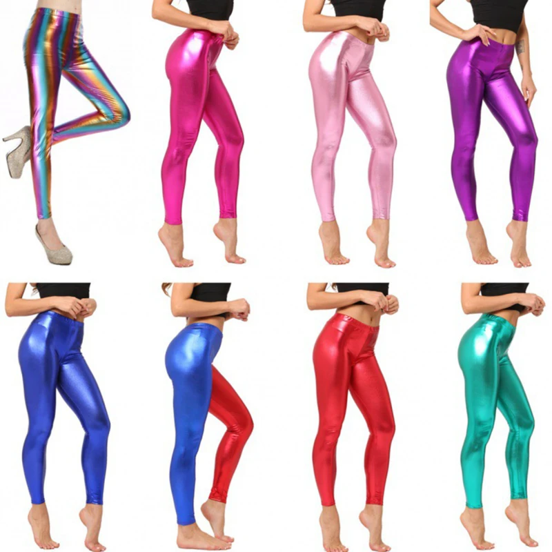 

Leggings Women Faux Leather Leggings Dancing Party Pants Metallic Color Sexy Club Skinny Costume Pants Tight Trousers