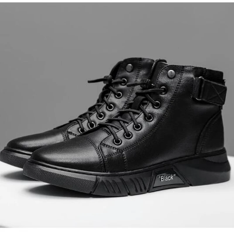 

Men Leather Boots Warm Cotton Shoes Flat Ankle Boots Plus Velvet Flat Heel Sports Men Boots Round Solid Color Casual Side Zipper
