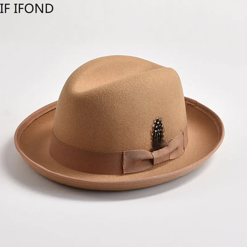 

New British Style Wool Felt Fedora Hats for Men Roll Up Brim Homburg Gentleman Church Jazz Hat Party Dress Cap