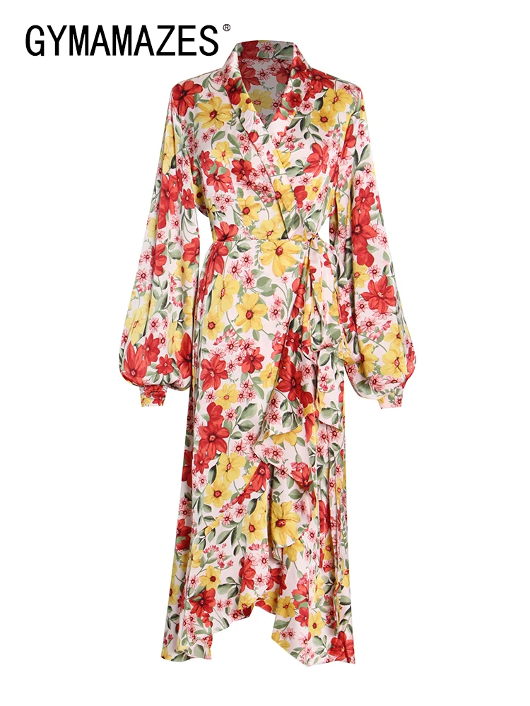 

GYMAMAZES Vintage Print Colorblock Dress For Women V Neck Long Sleeve High Waist Lace Up Midi Dresses Female Clothing New Style