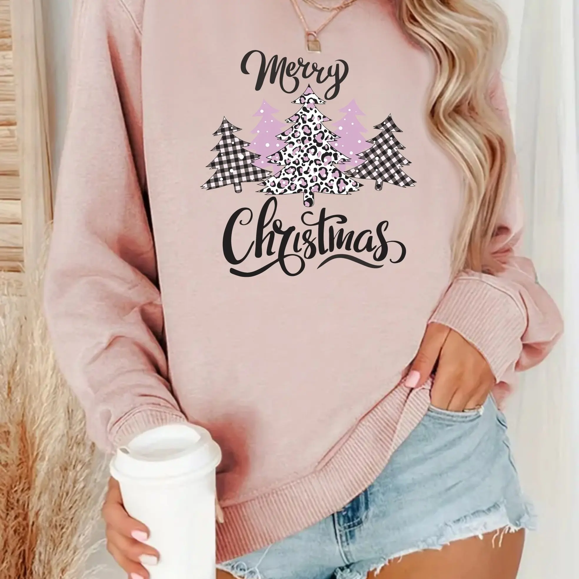 

Christmas Sweatshirt Women's Plus Christmas Tree & Slogan Print Long Sleeve Crew Neck Slight Stretch Pullover Sweatshirt