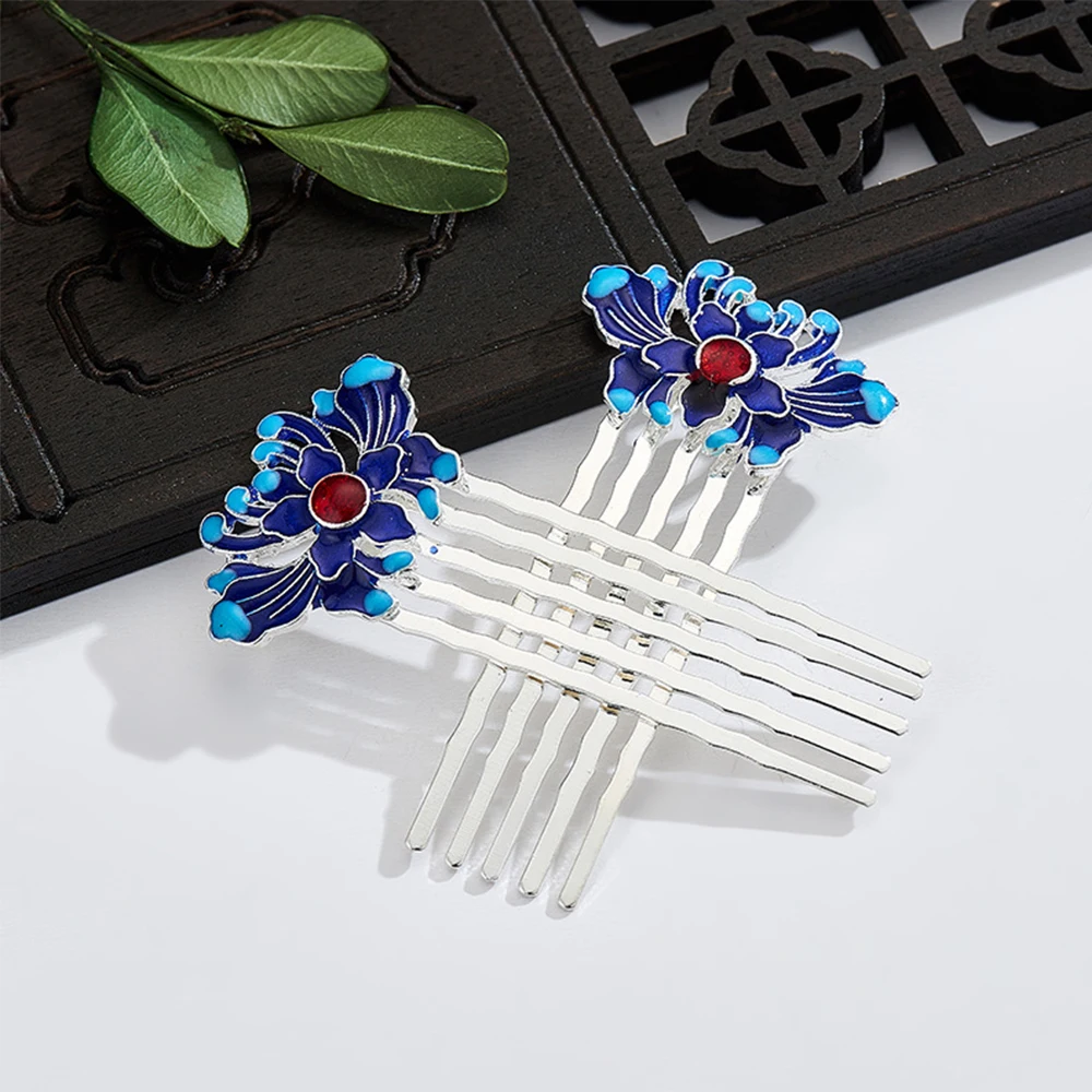 

Wedding Green Traditional Classical Style Blue Lotus Hair Accessories Cloisonne Hair Comb Headwear Hanfu Hairpin