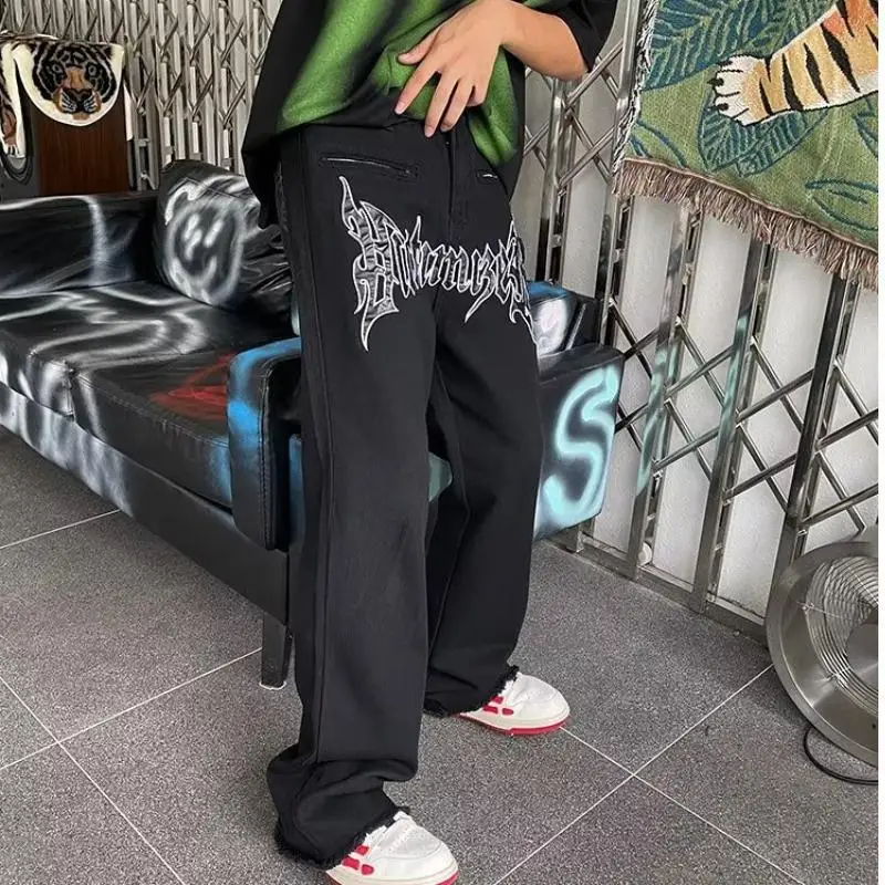 Oversized Men's Y2K Clothes White Men Embroidery Vintage Baggy Jeans Straight Denim Cargo Wide Leg Pants Trousers Streetwear