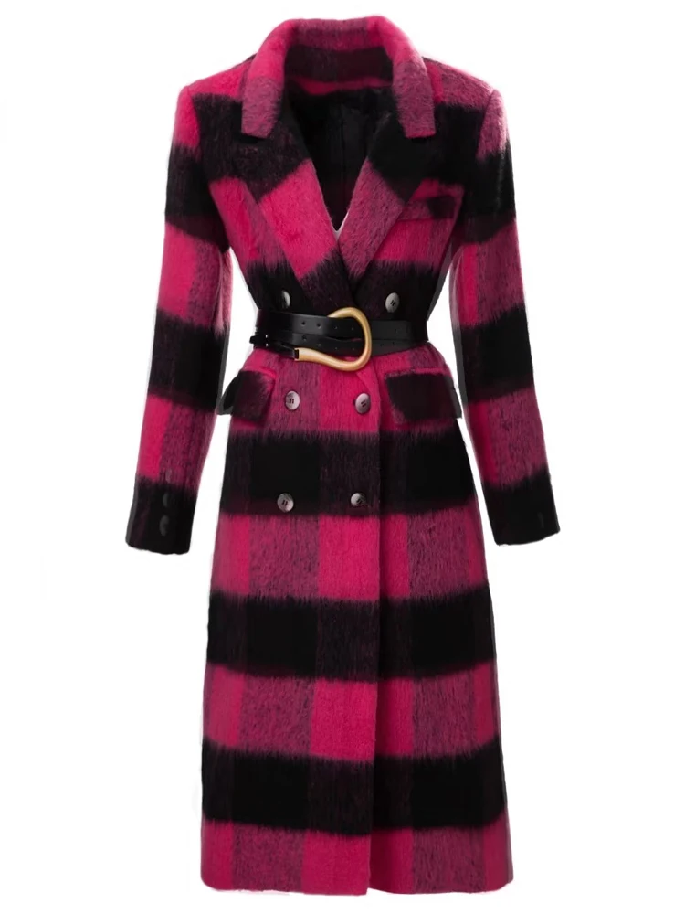 

Coat Runway Spring Autumn Women's New Designer High Quality Casual Party Elegant Chic Belt Slim Long Sleeve Button Plaid Long Ja