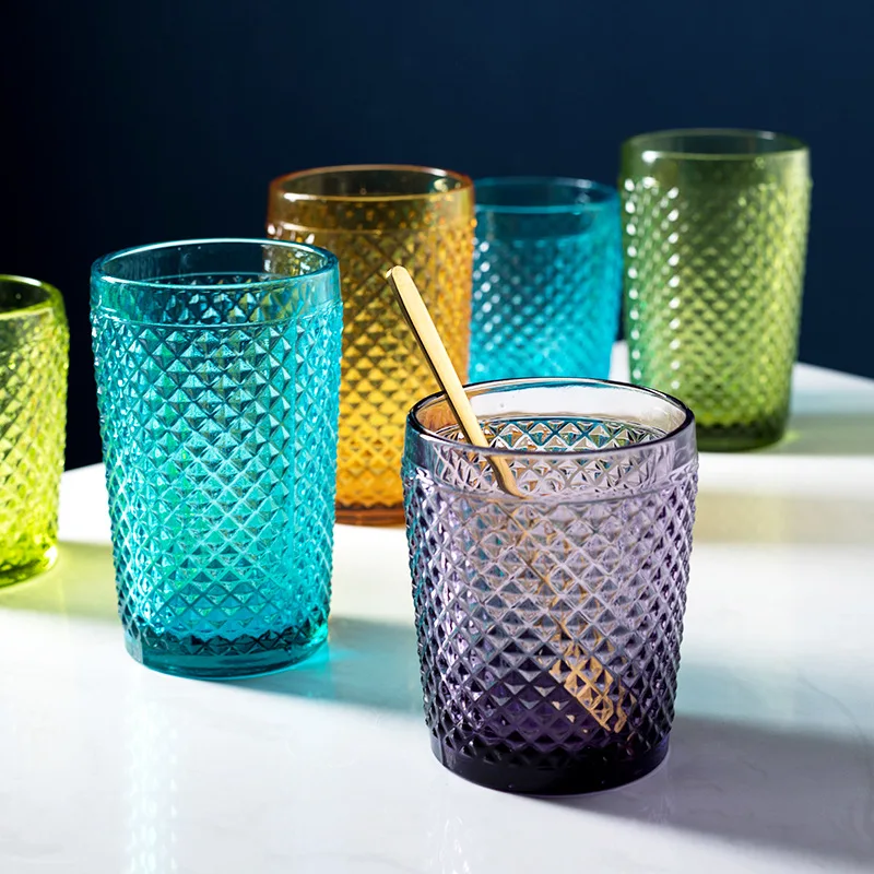 

European-style Embossed Green Glass Color Crystal Water Glass Beer Wine Glass Amber Tea Cup Household Drinking Water Cup