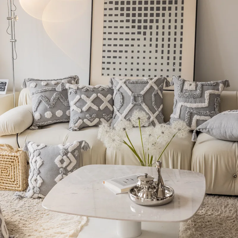 

Gray Cushion Cover 45x45cm Tufting Decorative Pillow Case For Bed Sofa Living Room White Tufted Pillows Home Decor With Tassels