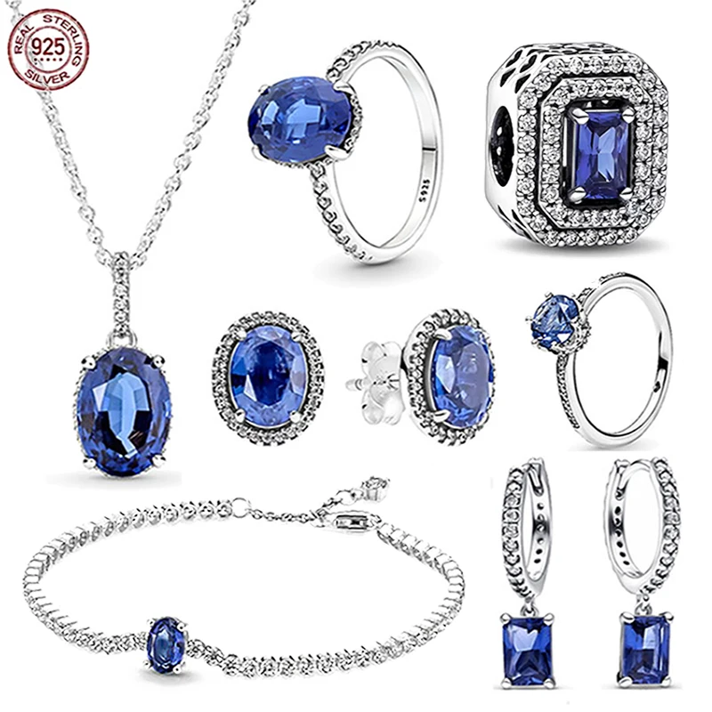 

New Elegant Women's Necklace 925 Sterling Silver Blue Zircon Bracelet Necklace Set fit Original Charm DIY Exquisite Jewelry