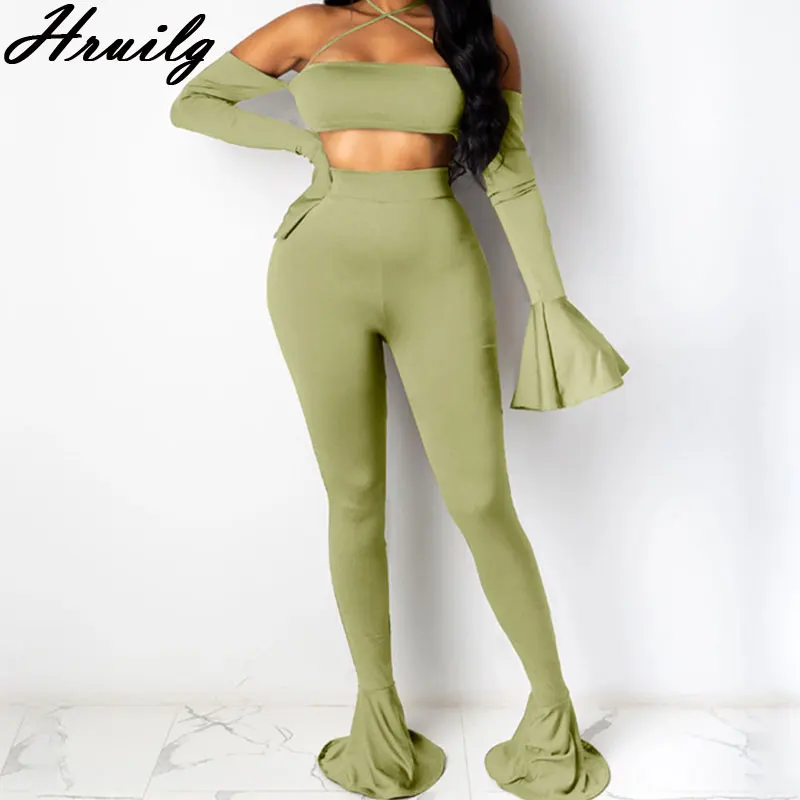 

Two Piece Set Women Crop Tops Exposed Navel Long Pants Sexy Party Night Club Suit Sets Solid Women Flare Sleeve Ensemble Femm