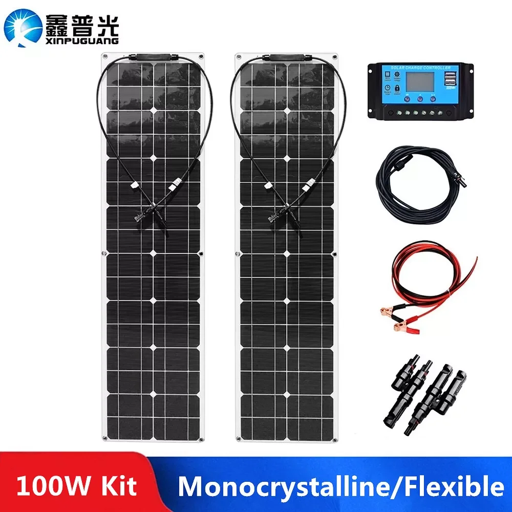 

NEW2023 100w PV Panel Solar Kit 12V 50 Watt Flexible Solar Panel Photovoltaic Module Off Grid System For Home RV Boat Battery Ch