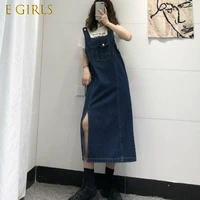 e girls dresses women autumn vintage suspenders denim dress female korean style casual long slit side womens femme young new