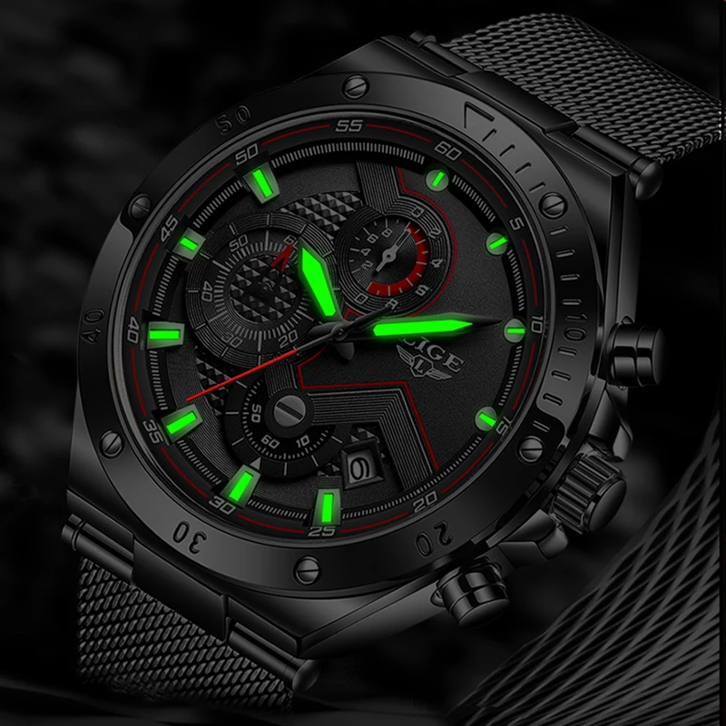 Часы наручные LIGE Мужские кварцевые брендовые Роскошные модные