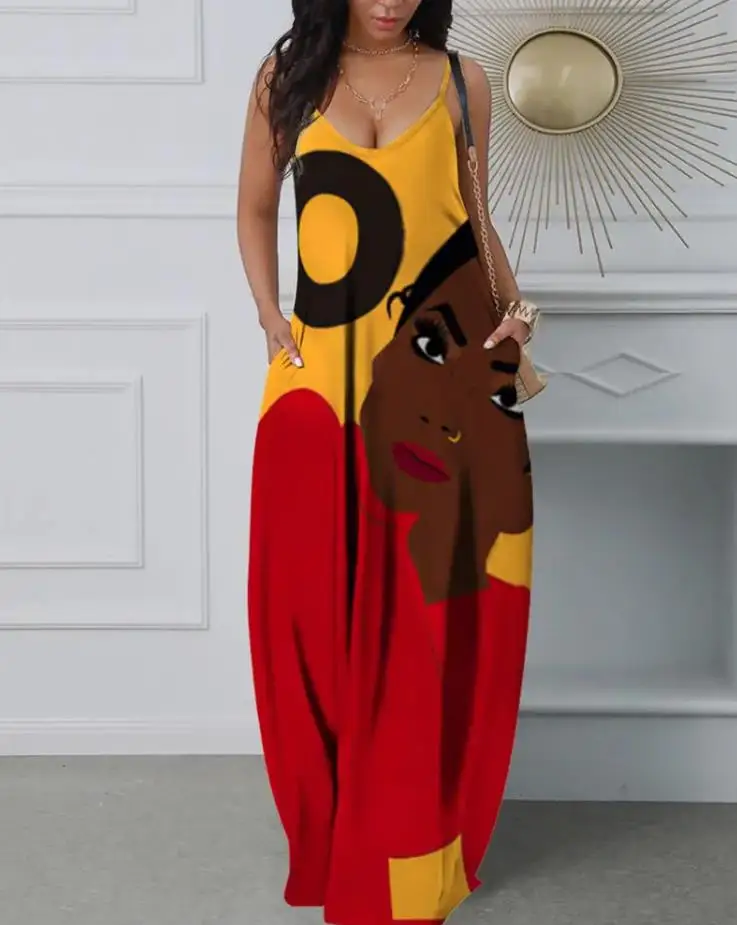 

Dresses for Women 2022 Summer Figure Print Spaghetti Strap Casual V-Neck Sleeveless Maxi Daily Pocket Design Vacation Cami Dress