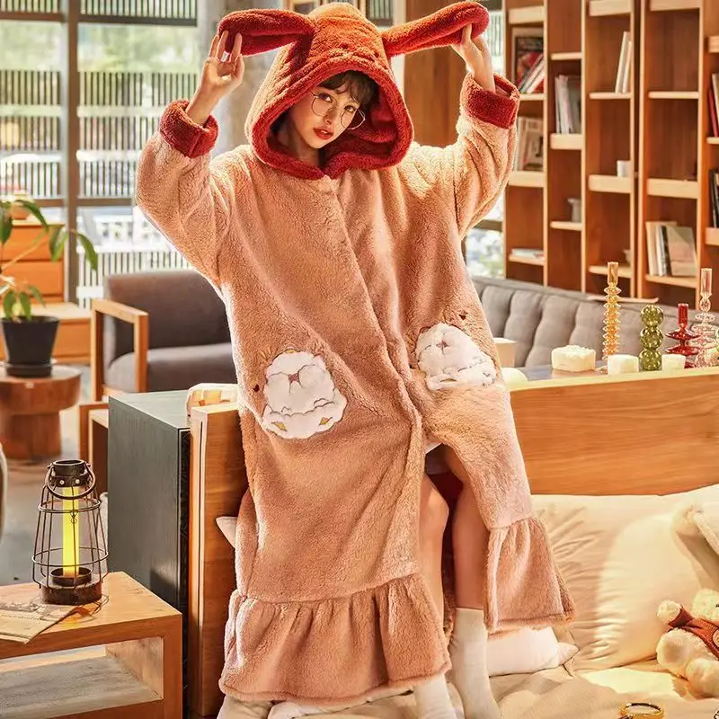 2023 Thick Winter Pajamas For Women Cartoon Sleepwear Robe Pants Set Jacquard Weave Bath Robe Homewear PJ Sets Flannel Kawaii