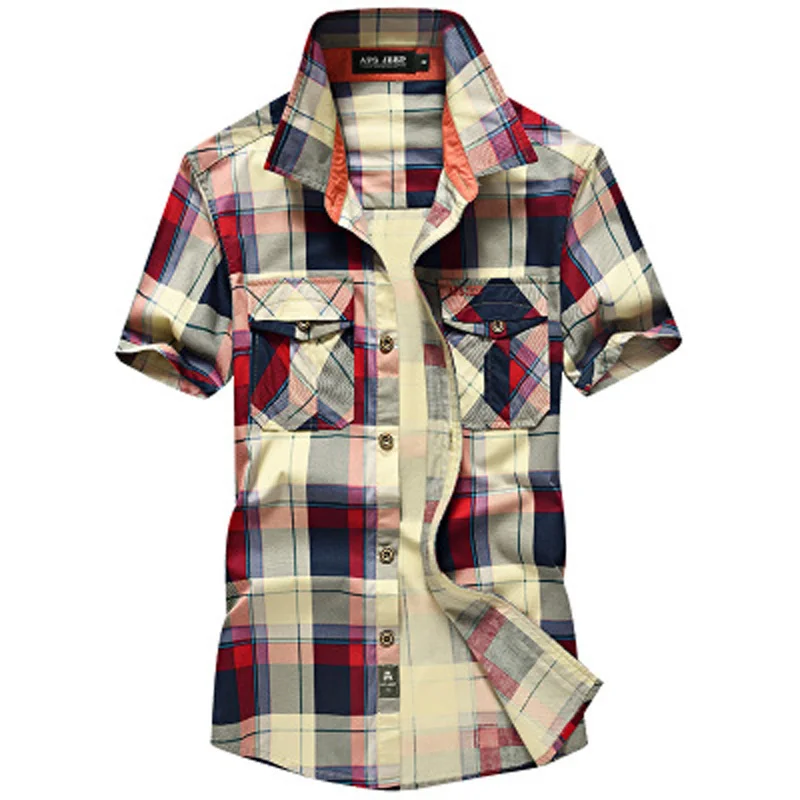

Casual Dress Shirts Men Summer Plaid Short Sleeves Cotton Breathable Brand Quality Military Men's Shirt Size S-4XL chemise homme