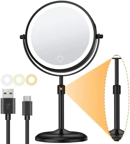 

Makeup Mirror with Magnification 10X, 3 Color Dimmable Lights & Height Adjustable 7" Cosmetic Mirror, 360° Swivel Doubl