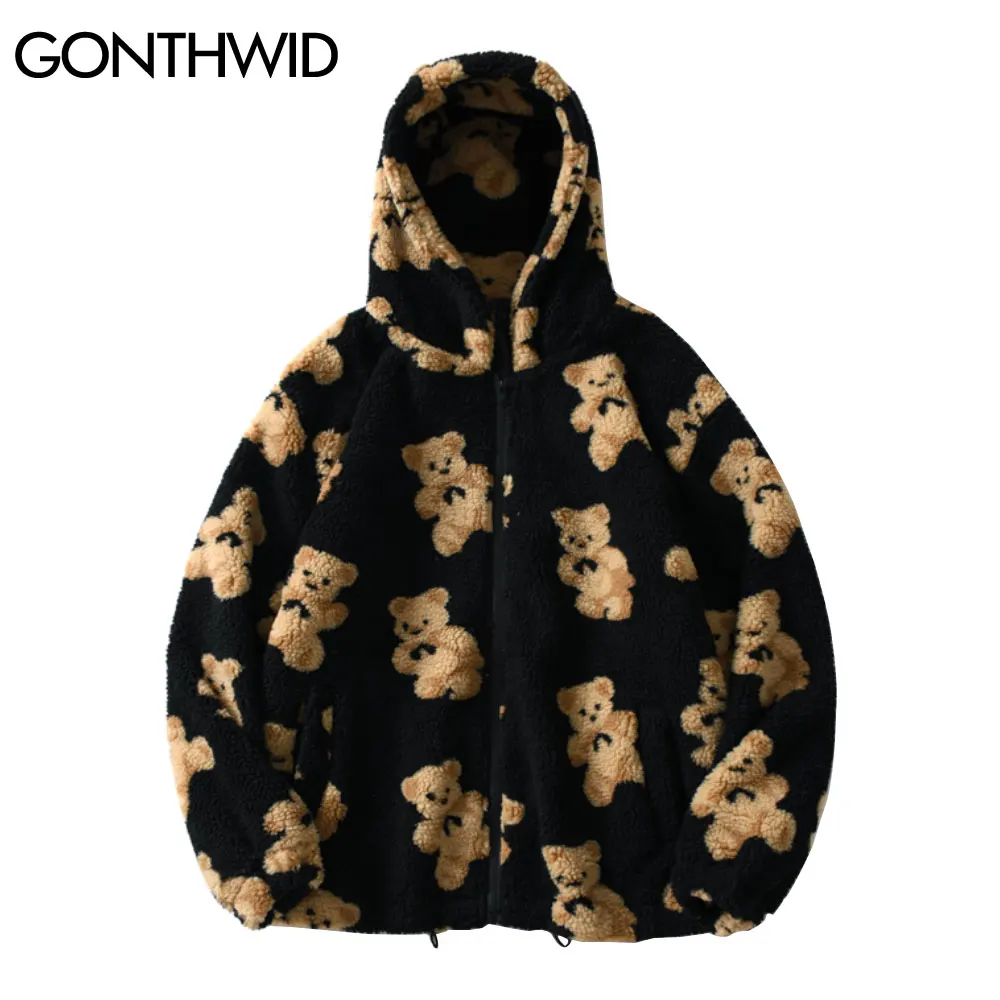 

GONTHWID Fleece Hooded Jackets Streetwear Casual Harajuku Hip Hop Men Women Fashion Bear Print Full Zip Hooded Coat Tops Outwear