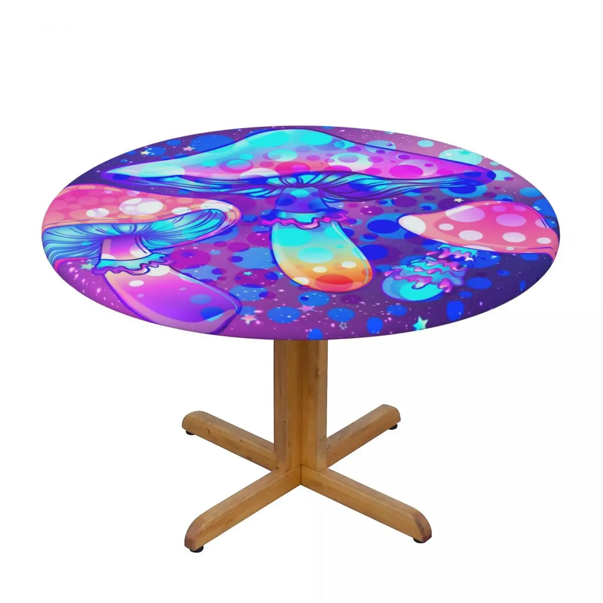 

Fitted Round Tablecloth Protector Soft Table Cover Magic Mushrooms Over Sacred Geometry Anti-Scald Plate Kitchen Tablemat