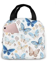 lunch box reusable tote bag insulated lunch bag vintage blue watercolor butterfly pattern thermal bento bag for adult girls boys