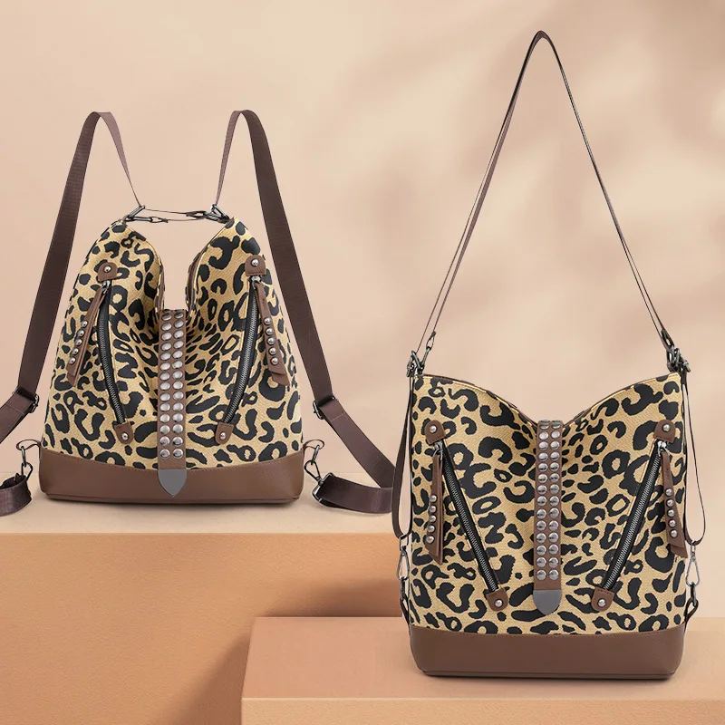 

Popular leopard print motorcycle bag fashion wild multi-purpose backpack punk style rivet Backpack