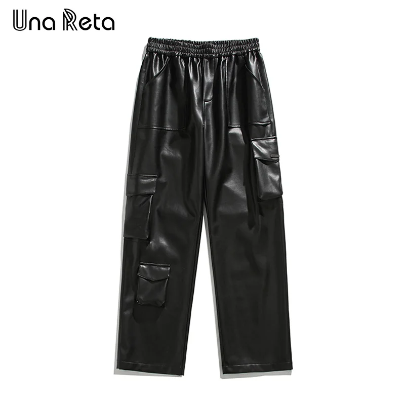 

Уличная одежда Una Reta, черные брюки из искусственной кожи, осенние новые повседневные брюки в стиле хип-хоп с несколькими карманами, свободные кожаные мужские брюки Harajuku