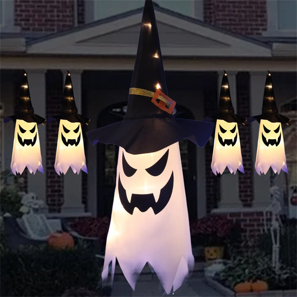 

Halloween LED Flashing Light Hanging Ghost Halloween Party Dress Up Glowing Wizard Hat Lamp Horror Props Home Bar Decoration