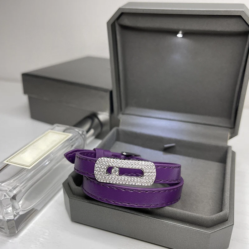 Top Quality Fashion Luxury Ladies Leather Bracelet Sliding New Grey Purple Bracelet Party Wedding Travel Bracelet Jewelry