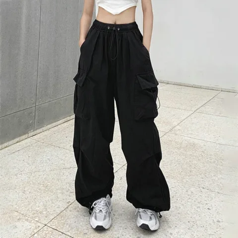 Брюки женские с широкими штанинами, гарго в стиле Харадзюку, с парашютным шнурком, уличная одежда, джоггеры, брюки оверсайз в стиле хип-хоп с карманами