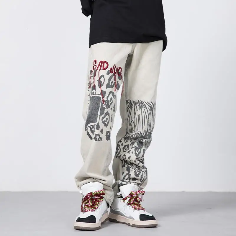 

Men's Jeans Autumn and Winter New Khaki Retro Washed Distressed Embroidered Casual Jeans Men's High Street Loose Straight Pants