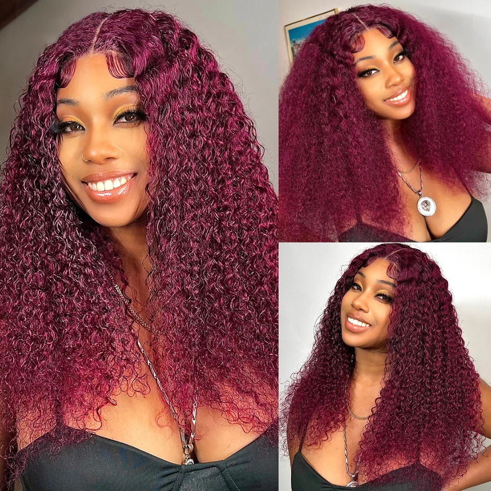 Парик с кудрявыми кружевами 99J цвет бордовый 4x4 искусственные волосы