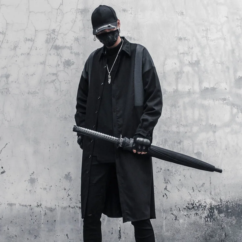 

Мужская свободная длинная рубашка, новая модная повседневная рубашка контрастных цветов с длинными рукавами, черная универсальная рубашка...