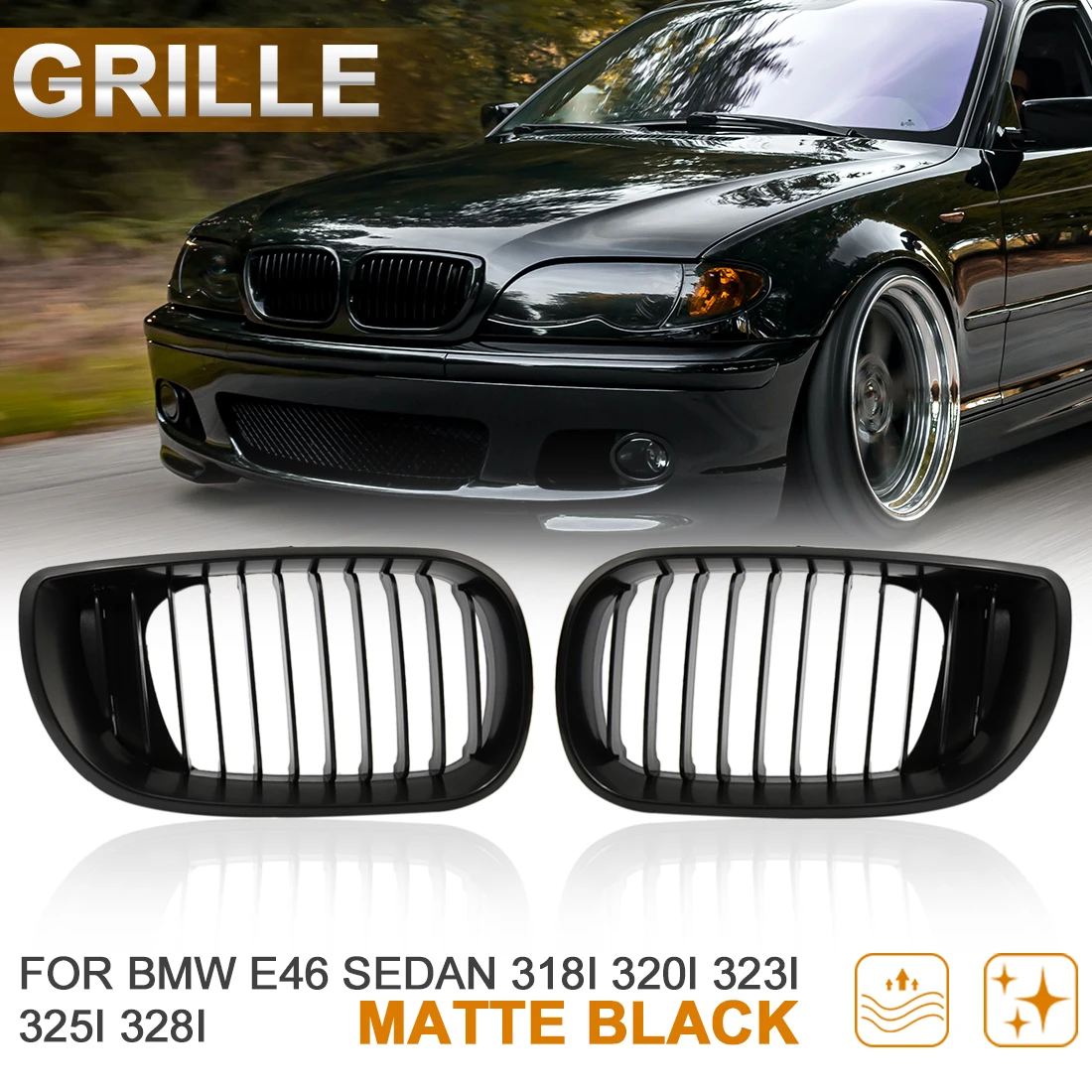 

Matte Black Front Hood Kidney Grille Grill For BMW E46 318i 320i 323i 325i 328i 2002-2005 Racing Grille Trim Cover