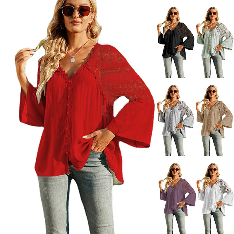 

Plus Size Women Shirt Ladies Tops Lace Long Sleeve Loose Blouses Shirt Casual Button Up Shirts