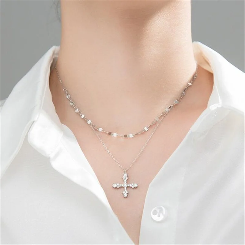 

Korean Style Double Layer Luxury Crystal Cross Pendant Necklace Charming Women's Silver Color Clavicle Chain Trend Party Jewelry
