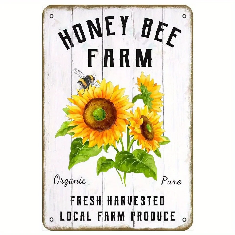 

Retro Tin Sign Vintage Painting Honey Bee Farm Sunflower Flower for Home Room Farmhouse Club Garden Metal Vintage Tin Sign Wall