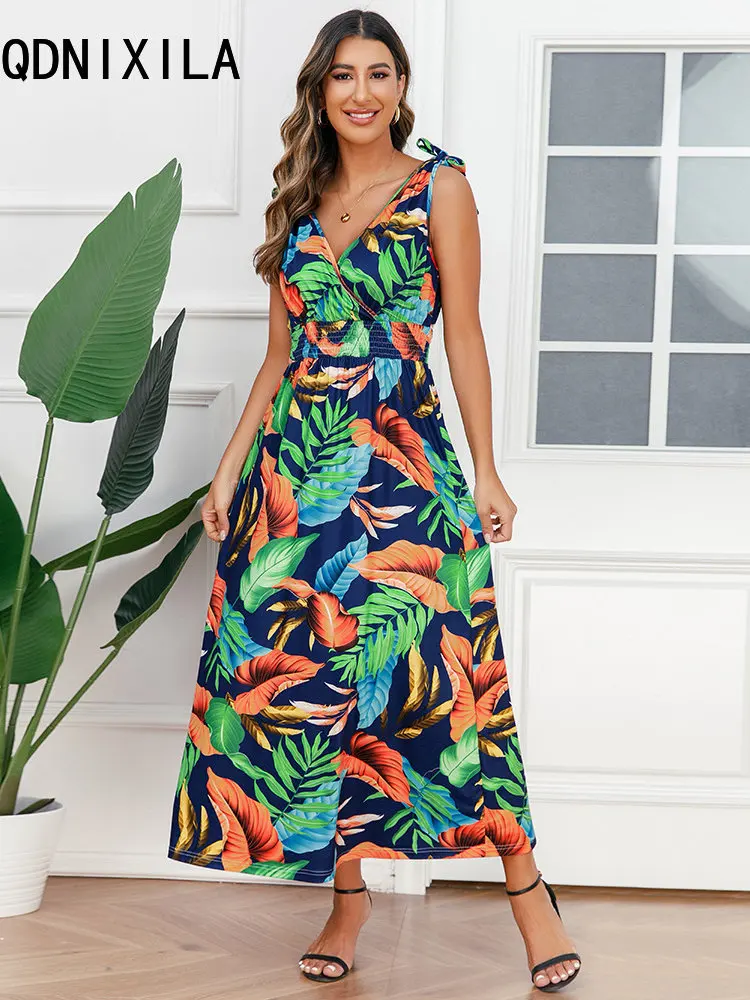 

Women's Casual Beach Long Dress 2023 Summer New In Loose A-line Spaghetti Strap Skirt Fashion Printed V-neck Women Sexy Dress