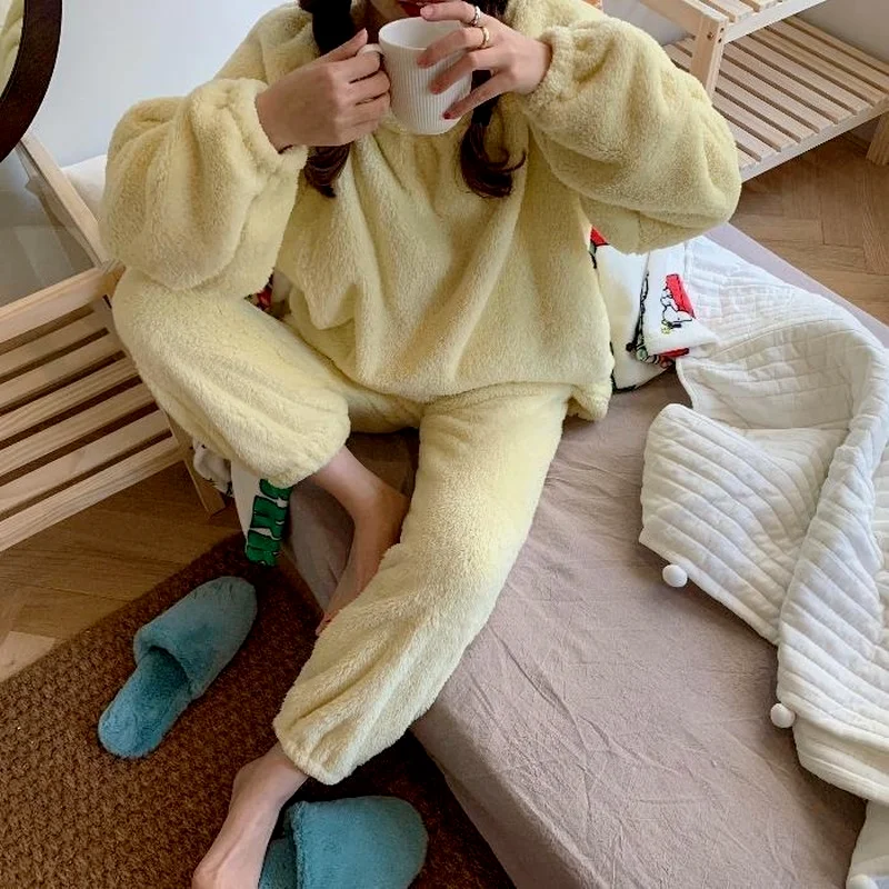 QWEEK Pajamas for Women Solid Color Flannel Home Clothes Pink Yellow Green Pijamas Winter Nightwear Korean Fashion Pyjamas Cute