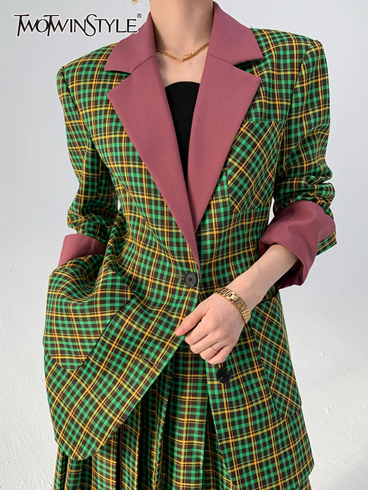 

TWOTWINSTYLE Colorblock Patchwork Plaid Blazers For Women Notched Collar Long Sleeve Single Breasted Loose Coats Female Clothes