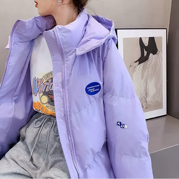 New2022 Fashion Parkas Purple Hooded Jacket Women's Winter 2021 Loose Cotton padded Student Coat Thicken Warm Outerwear Fema
