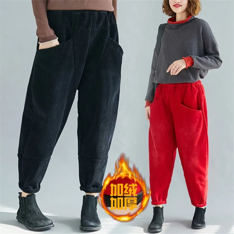 

Женские вельветовые однотонные винтажные шаровары, новинка 2022, осенне-зимние свободные брюки до щиколотки с эластичным поясом для мам