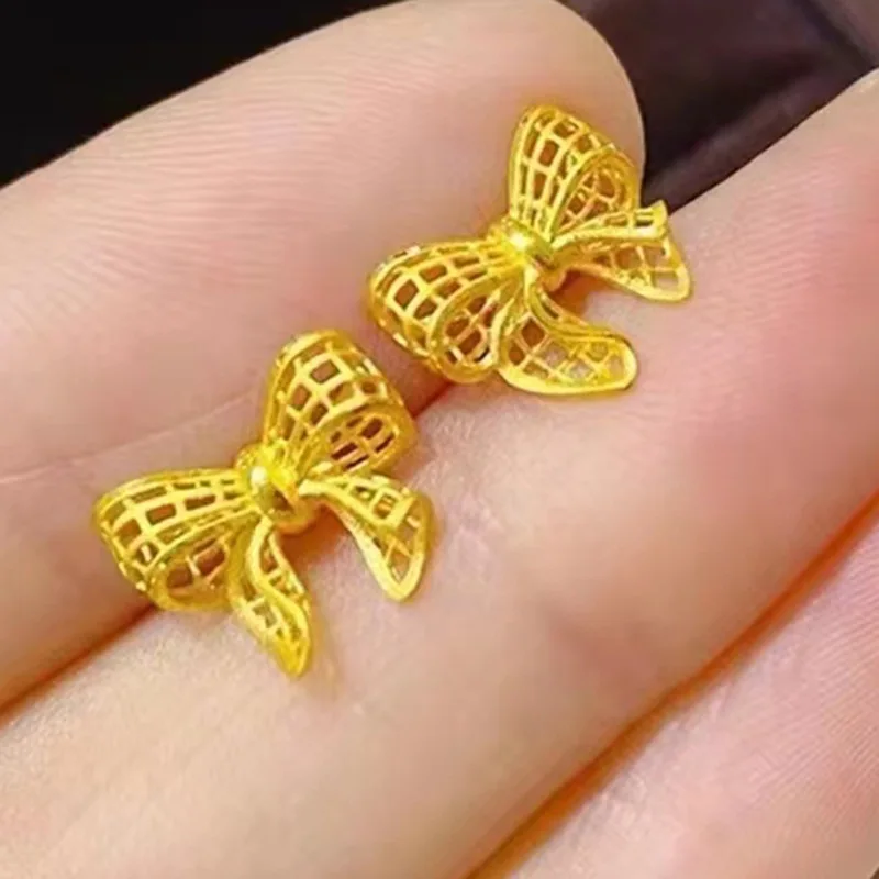

18k Pure Gold Color Earrings for Women Hollow Bow Stud Engagement Wedding Valentines Gift Yellow Gold Earring Fine Jewelry Gifts