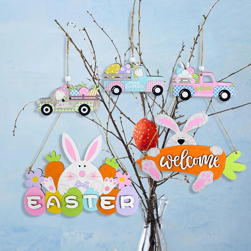 

Painting Easter Welcome Decoration Wooden Pendant Easter Ornaments Easter Decorations for Home Kids Gift Rabbit Wood Crafts 1Pcs