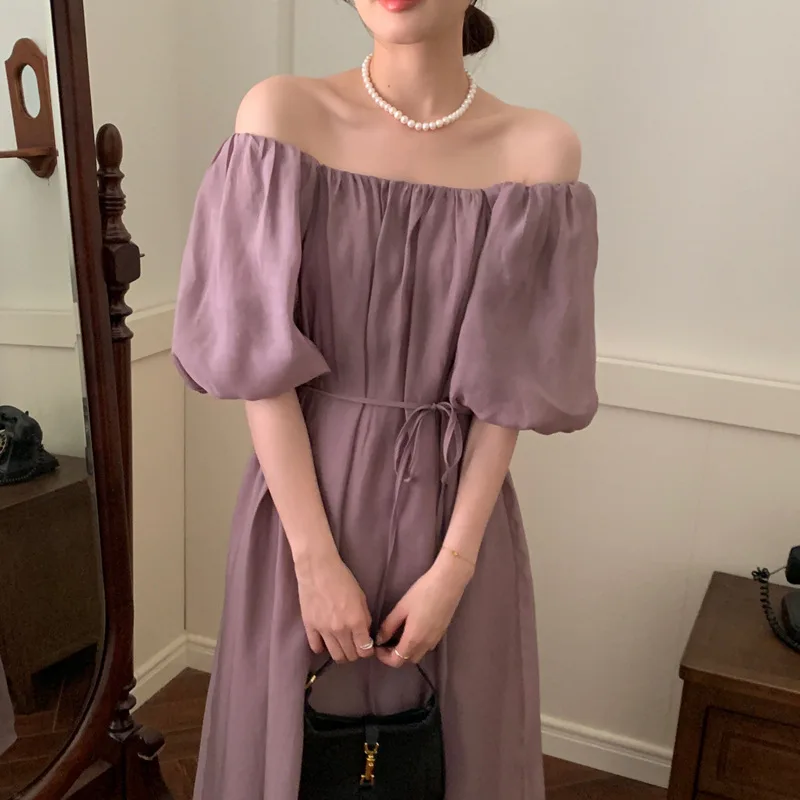 

2022 Summer New Women's Solid Color Mid-length Dress One-shoulder Puff Sleeves A-line Skirt Loose Casual Women's Clothing