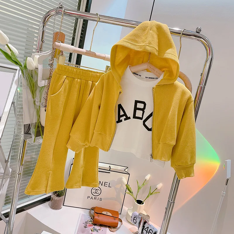 

Baby Girl Autumn Sport Suit 2022 Children 3PCS Clothing Set White Tshirt+Hoodies Coat+Flared Pants Kids Girls Outfits 유아가을옷상하세트