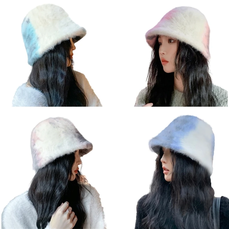 

Furry Bucket Hat for Women Soft Thick Plush Hat Girls Tie Dye Color Fisherman Cap Fashion Female Winter Autumn Headwear