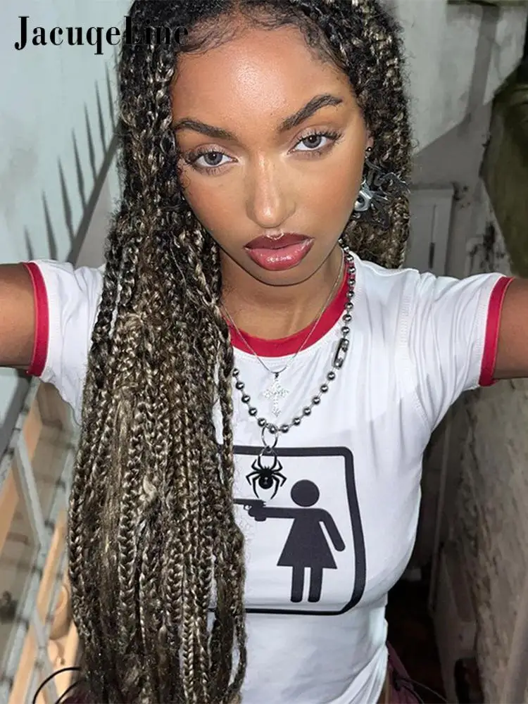 

Jacuqeline Summer 2023 Graphic Short Sleeve Women Crop Tops Trendy Y2K Streetwear Funny Print T Shirts White Patchwork Red Tees