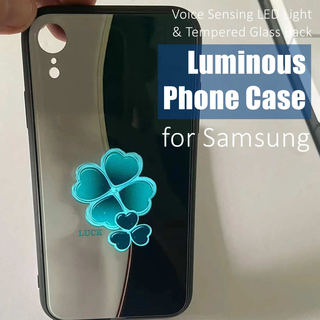 

Colorful Clover LED Light Glow Luminous Tempered Glass Back Phone Case for Samsung S21 S22 S23 Note 10 20 A14 A54 A73 Plus Ultra