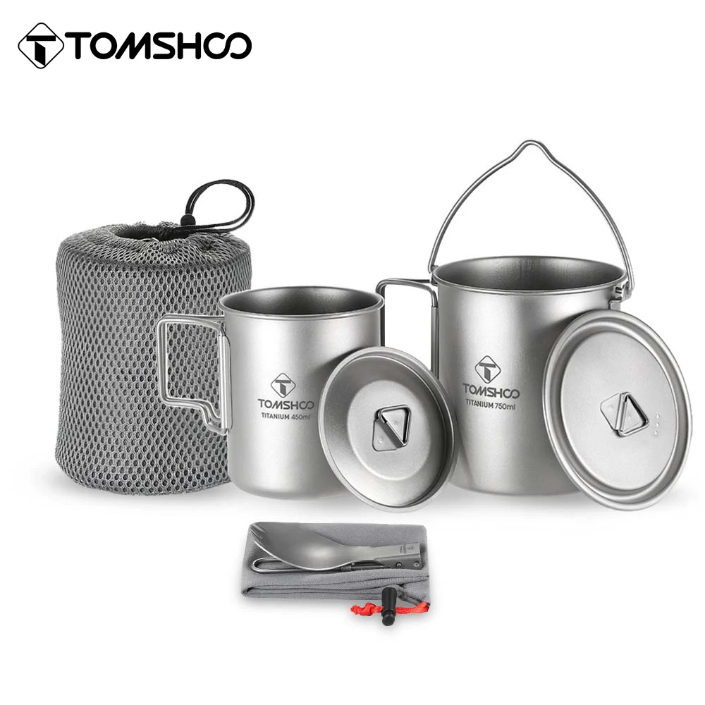 

Tomshoo Ultralight Titanium 3PCS 750ml Titanium Pot 450ml Water Cup Mug with Lid Collapsible Handle Folding Spork for Camping