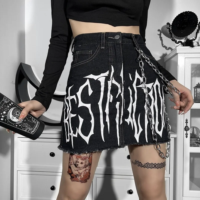 

Helisopus Goth Punk Harajuku Black Denim Skirt High Waist Chain Pocket Mini Skirt Blue Pleated A-Line Denim Skirt Streetwear