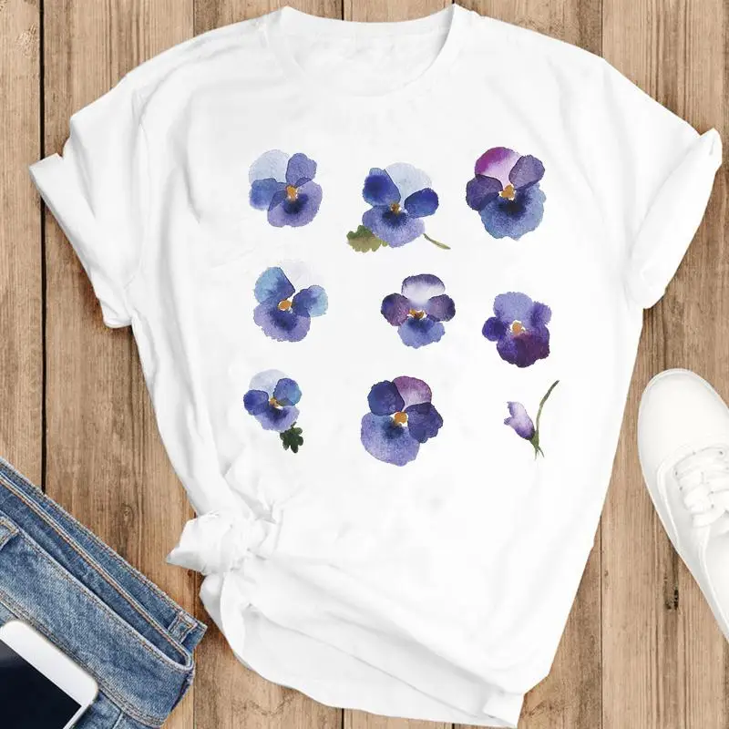 

Women Sweet Watercolor Flower Casual 2021 Cartoon Fashion Summer Lovely Clothes Print Short Sleeve Tops Tees Tshirt T-Shirt